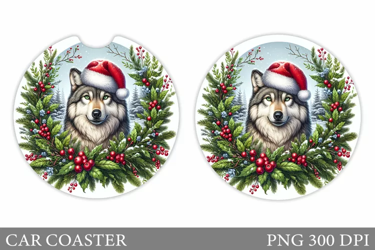 Wolf Car Coaster Sublimation. Christmas Car Coaster Design