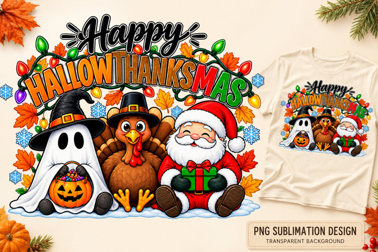 Hallowthanksmas Ghost Turkey Santa PNG, Three Holidays Subli