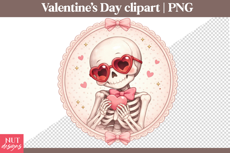 Valentines day clipart Valentine Skeleton with Heart Glasses