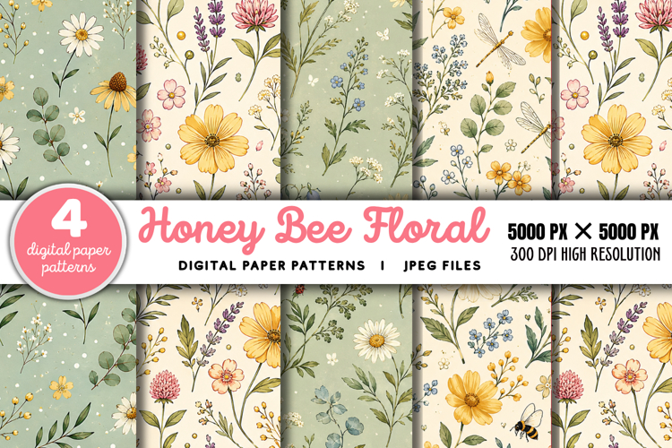 Honey Bee Floral Seamless Digital Paper JPG example image 1
