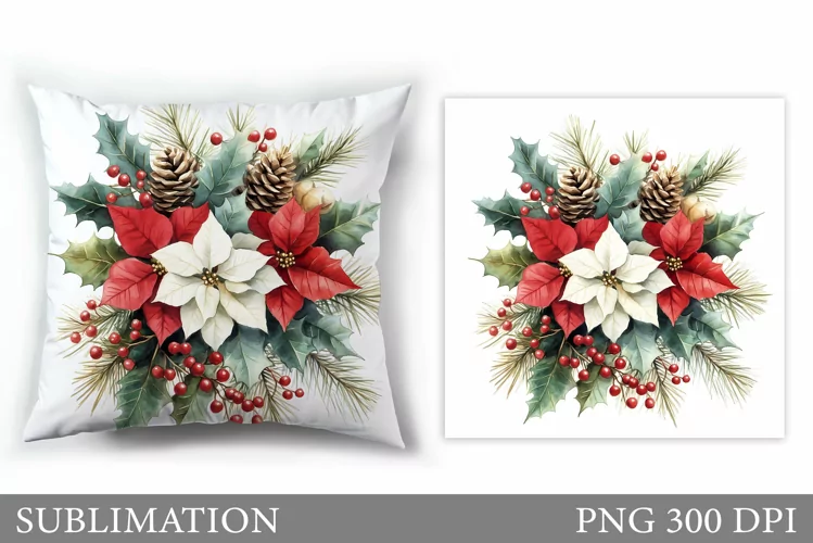 Poinsettia Pillow Sublimation. Christmas Flowers Pillow