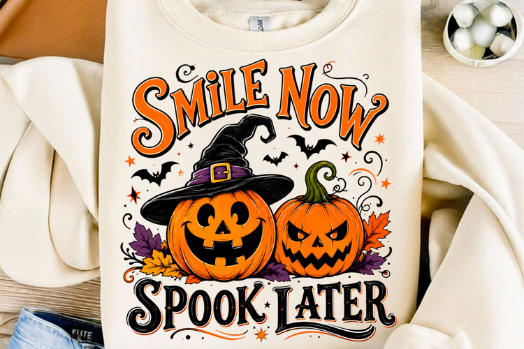 Smile Now Spook Later Pumpkin PNG Retro Halloween Sublimat