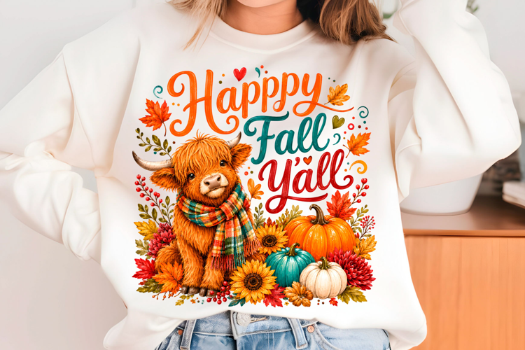 Happy Fall Y’all Highland Cow PNG Cute Autumn Pumpkin