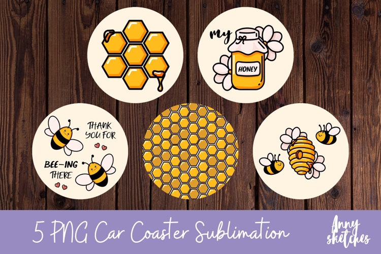 5 Cute Yellow Honey Bee Car Coaster Sublimation Design PNG