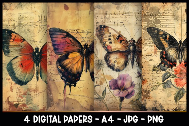 4 Vintage Butterfly Digital Papers I Junk Journal Page