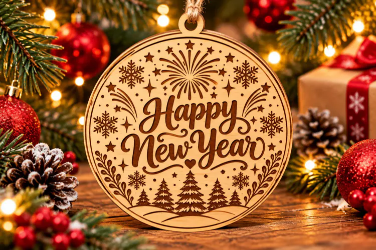 Happy New Year Wooden Ornament PNG Laser Cut SVG