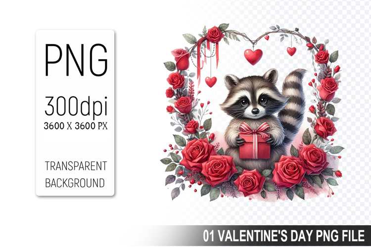 Valentines Cute Raccoon Clipart PNG, Digital Download File