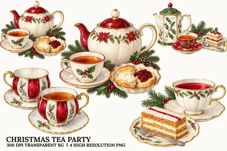 Christmas Tea Party PNG, Holiday Teacup Sublimation Design