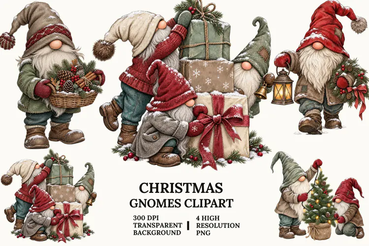 Christmas Gnome Clipart, Snow Globe, Sleigh and Mug PNG