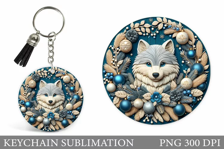 Christmas Wolf Keychain. Christmas Keychain Sublimation