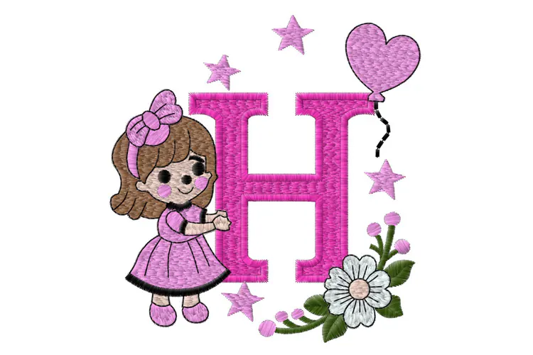 Letter H Girl Machine Embroidery Design