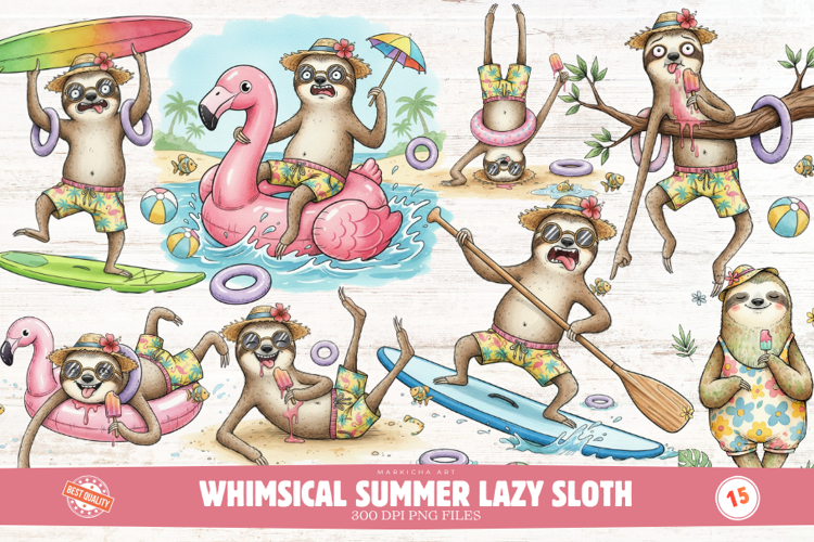 Whimsical Summer Lazy Sloth Clipart