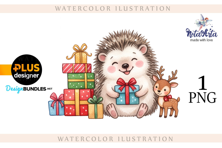 Watercolor illustration of Christmas hedgehogs