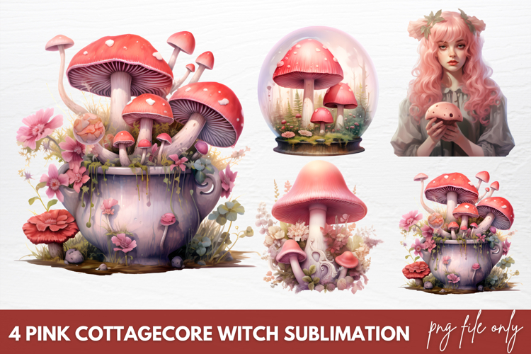 Watercolor Pink Cottagecore Witch Sublimation Clipart