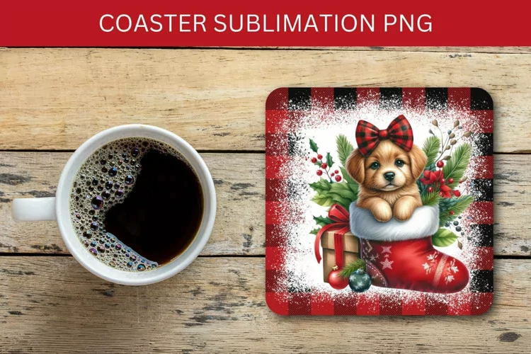 square coaster - dog puppy in the christmas stocking