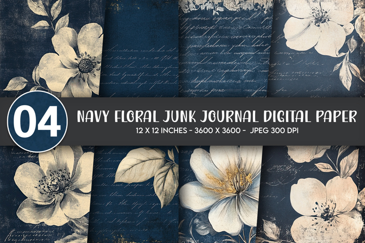 Navy Floral Junk Journal Digital Paper example image 1