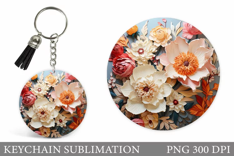 Flowers Keychain Sublimation. 3D Flowers Keychain Design
