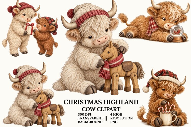Christmas Highland Cow Clipart with Cozy Winter Holiday PNG example image 1