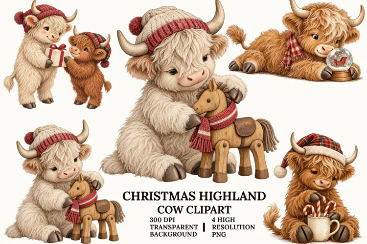 Christmas Highland Cow Clipart with Cozy Winter Holiday PNG
