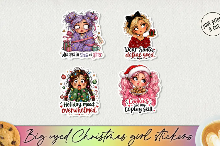 Big Eyed Christmas Girl Stickers PNG, Funny Holiday Girl