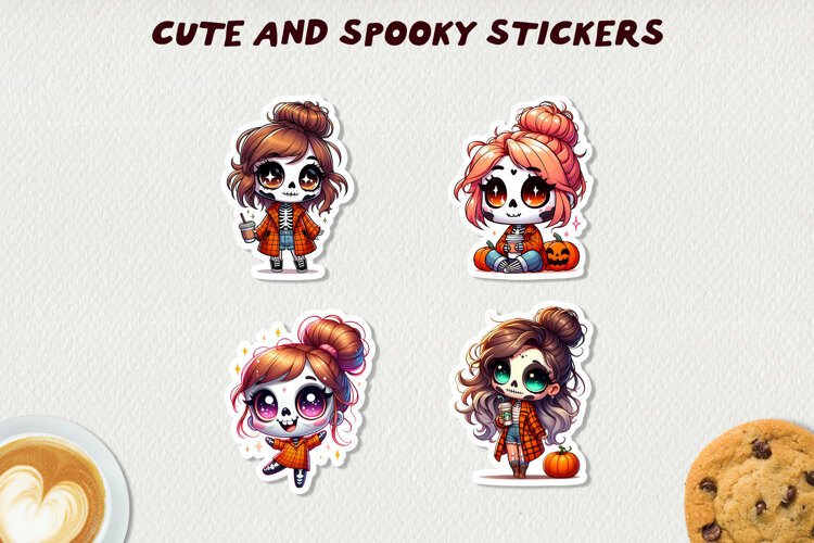 Spooky Skeleton Girls Stickers Halloween Clipart Kawaii Fall example image 1