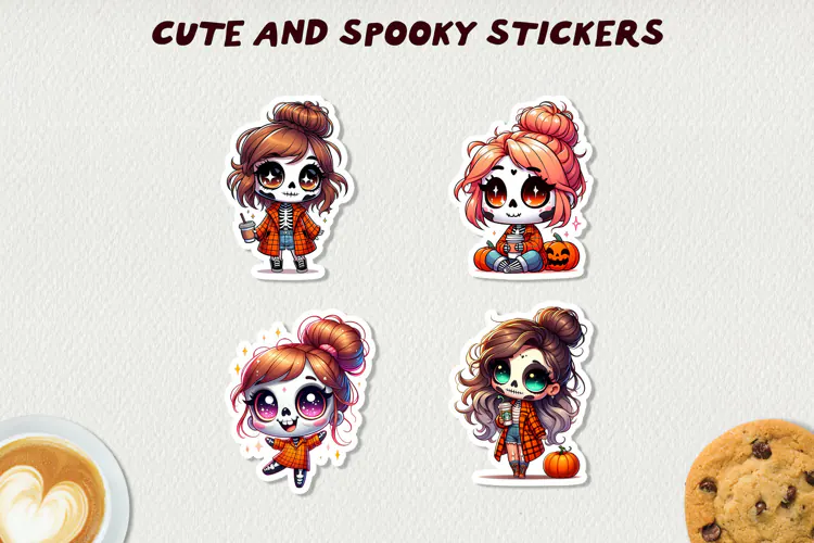 Spooky Skeleton Girls Stickers Halloween Clipart Kawaii Fall