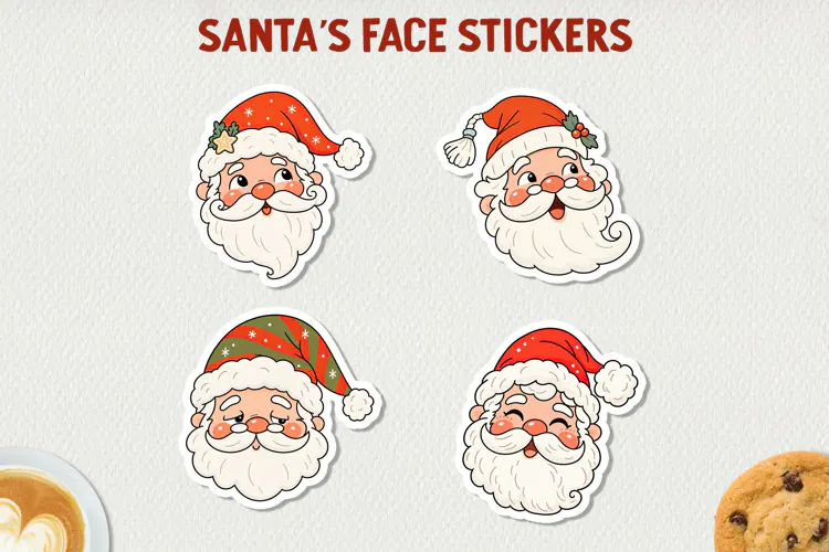 Santa Face Stickers, Cute Christmas Santa Stickers.