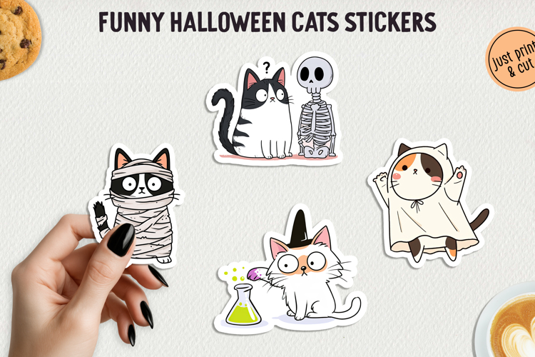 Funny Halloween Cat Sticker PNG Printable Stickers.