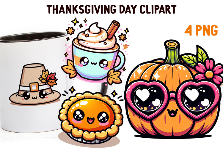 Cute Kawaii Thanksgiving Clipart | Fall Pumpkin Turkey PNG