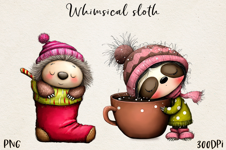 Whimsical Winter Sloths | Cute Cozy Sloth Clipart PNG