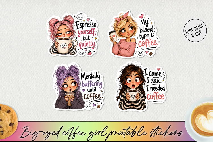 Funny Big-Eyed Coffee Girl Stickers PNG