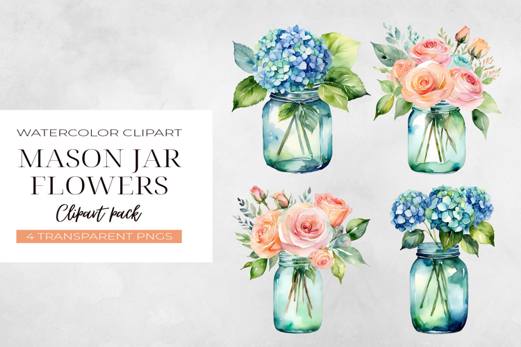 Watercolor Mason Jar Flowers Clipart, Rustic Floral PNG. example image 1