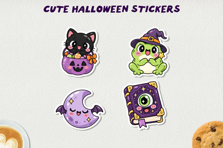 Cute Halloween Printable Stickers, Kawaii Spooky PNG.