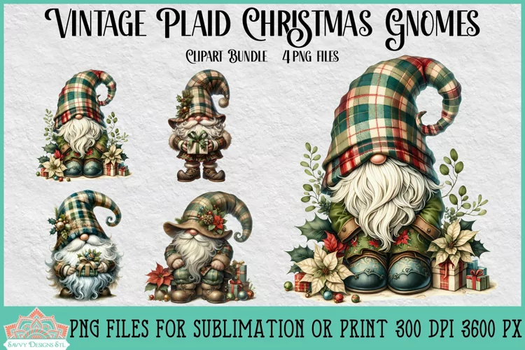 Vintage Plaid Christmas Gnomes | Christmas Clipart