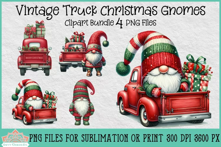 Vintage Truck Christmas Gnomes | Christmas Clipart