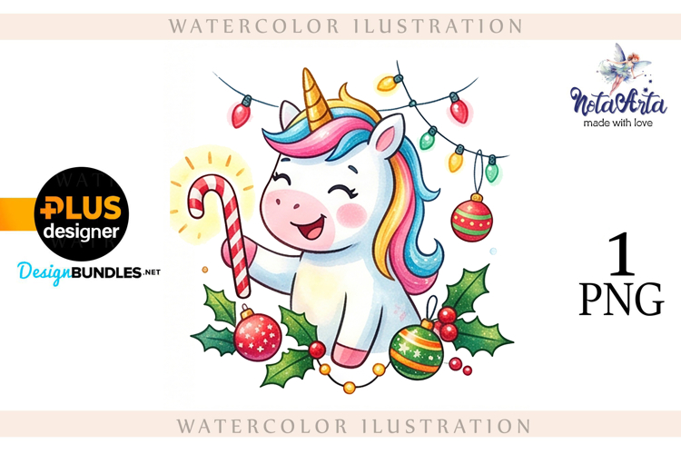 Christmas Unicorn Watercolor Illustration