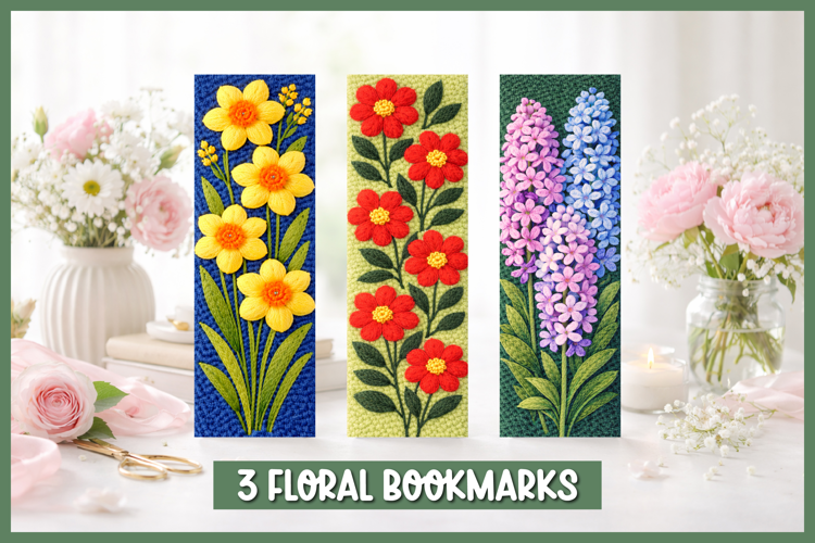 Floral punch needle bookmarks with embroidered flowers