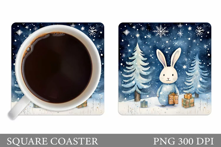 Winter Bunny Square Coaster. Christmas Bunny Coaster Design