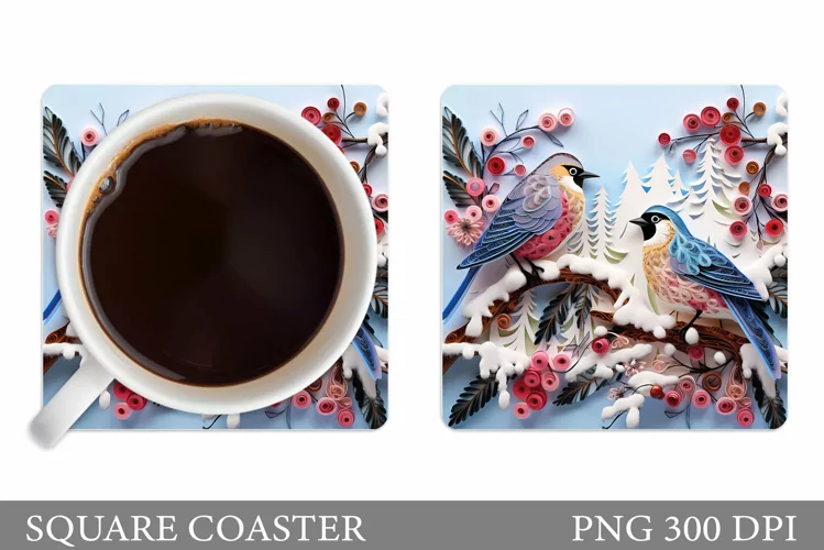 Birds Square Coaster. Winter Birds Coaster Sublimation