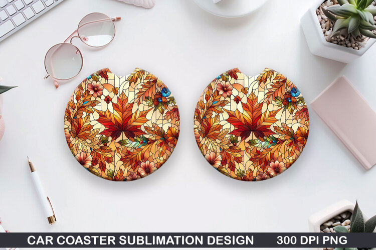 Fall Leaves Car Coaster Sublimation| Autumn Flowers Coaster example image 1