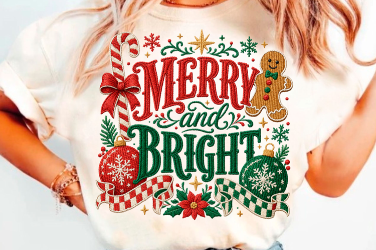Merry And Bright Christmas T-Shirt Design With Gingerbread