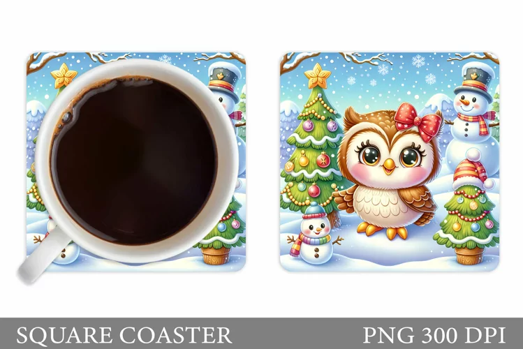 Cute Owl Coaster Design. Christmas Owl Sublimation