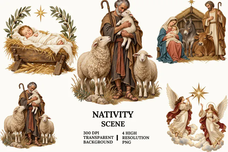 Nativity Scene Clipart with Manger, Lantern, Sheep and Ox