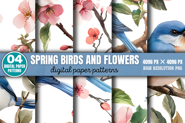 Spring Birds And Flowers Patterns PNG