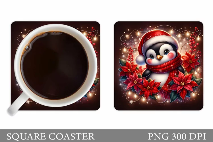 Cute Penguin Coaster Sublimation. Christmas Coaster Design