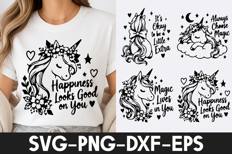 Floral Unicorn Happiness Magic Good Vibes SVG PNG example image 1