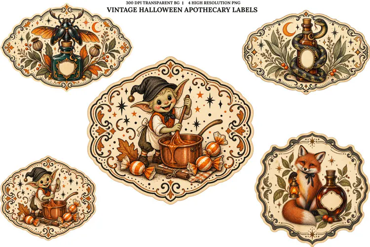 Vintage Halloween Apothecary Labels PNG Spooky Animal Art
