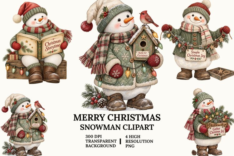 Merry Christmas Snowman Clipart with Pine, Tree and Lights example image 1