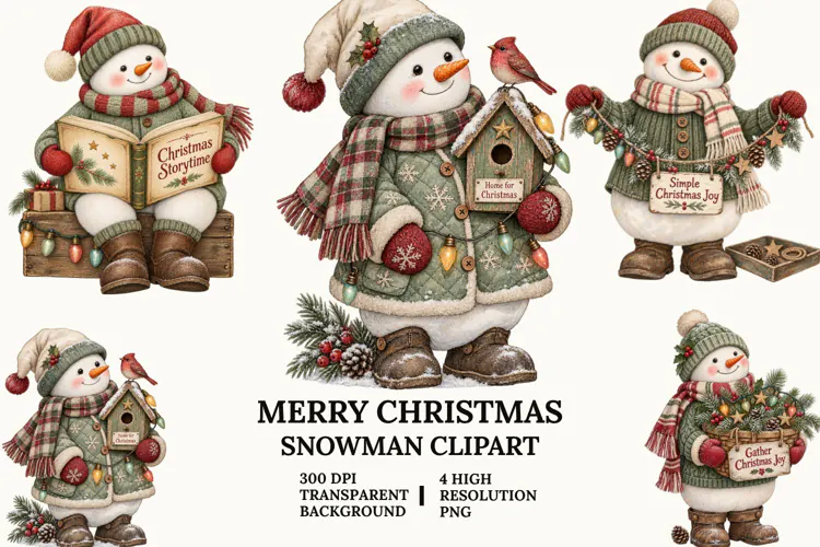 Merry Christmas Snowman Clipart with Pine, Tree and Lights