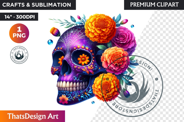 Floral Sugar Skull Day of the Dead Clipart, dia de muertos